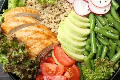 Healthy meal. Tasty products in bowl on table, top view