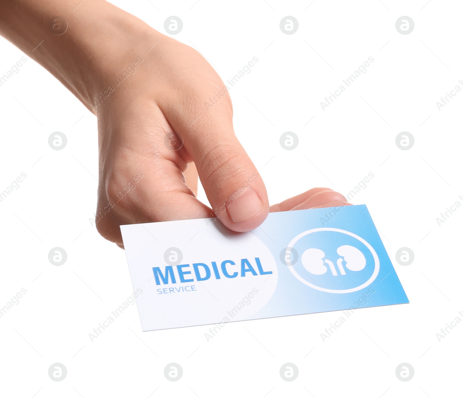 Photo of Woman holding medical business card isolated on white, closeup. Nephrology service