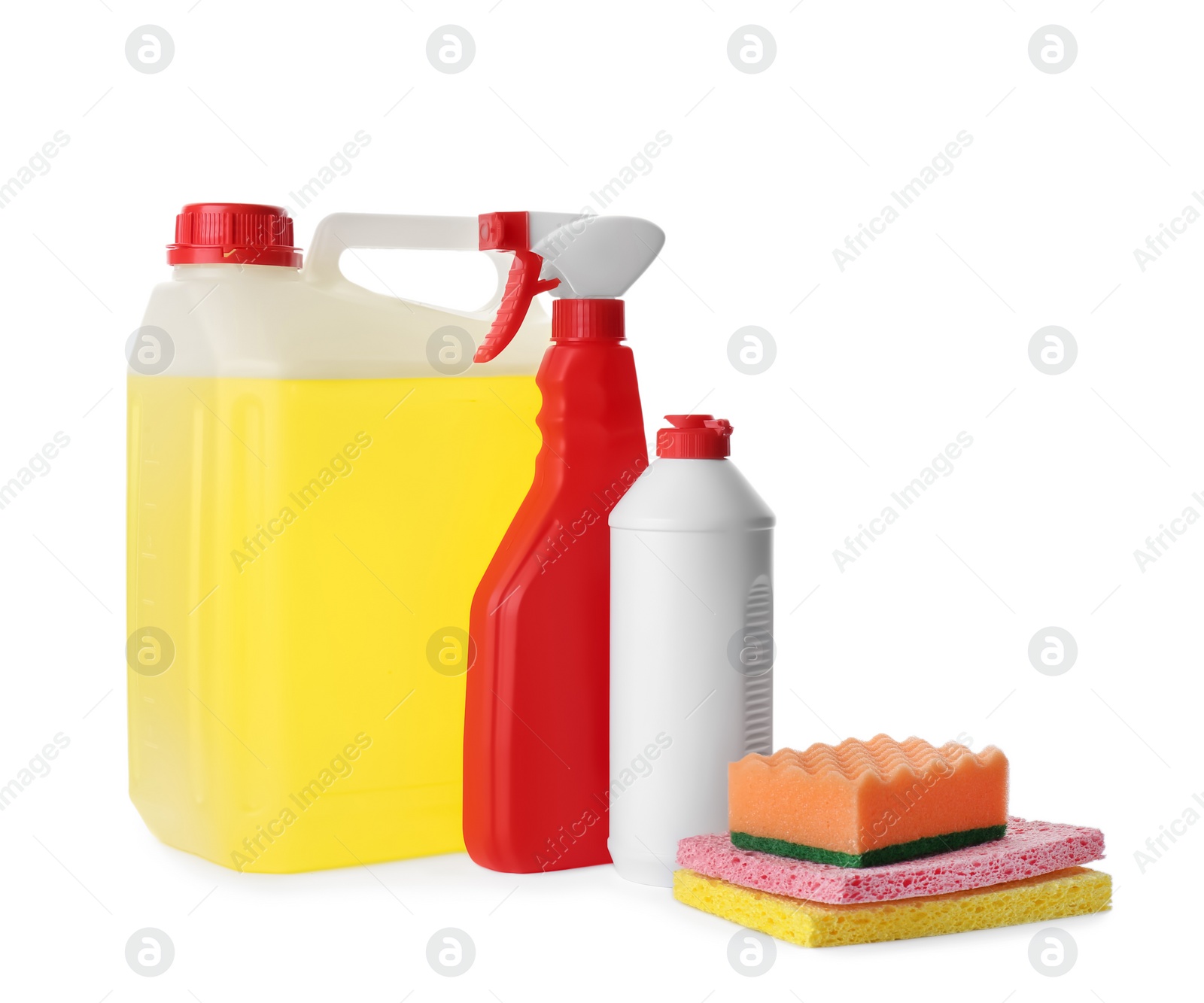 Photo of Set of different cleaning supplies on white background