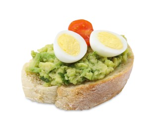 Delicious sandwich with guacamole, eggs and tomato on white background