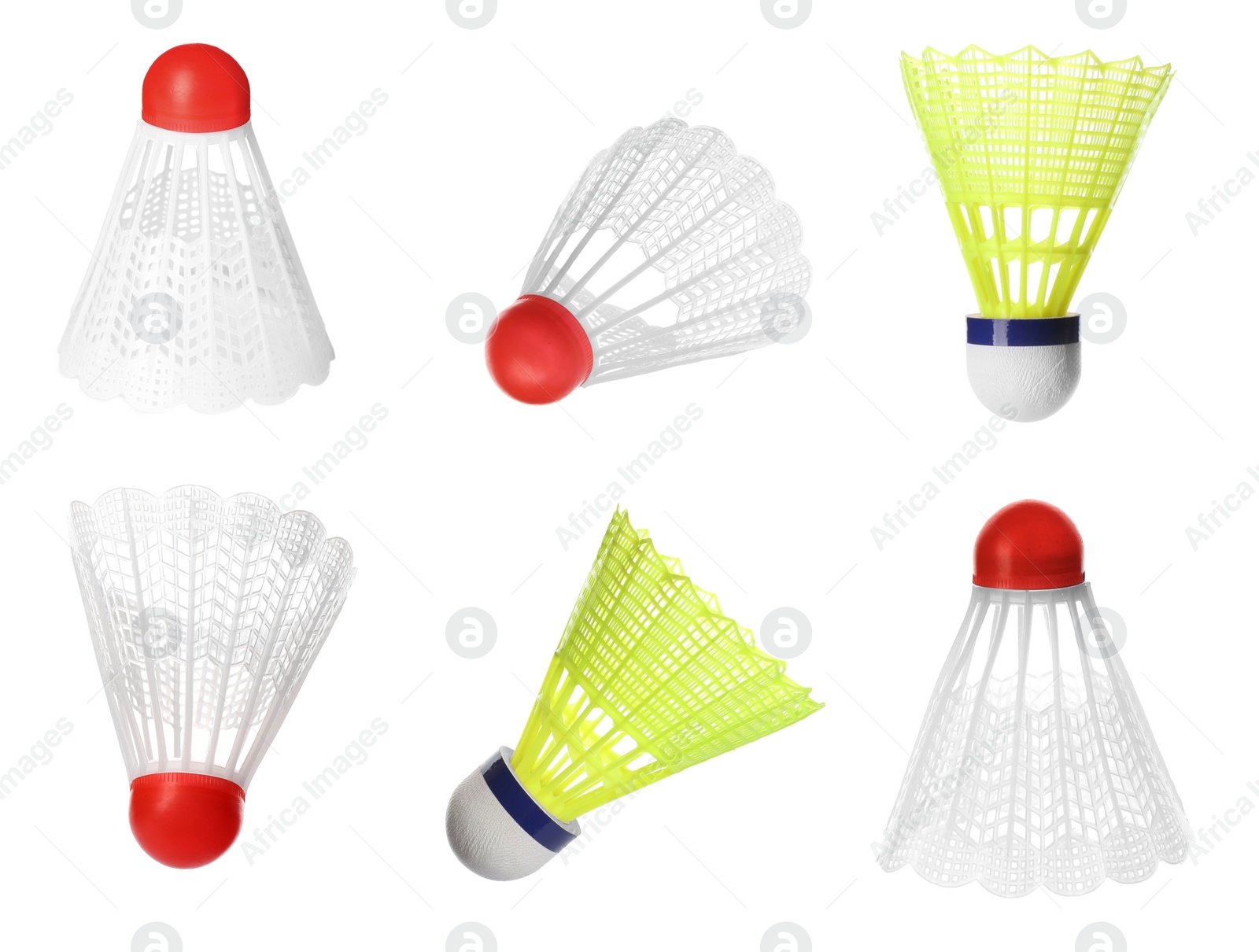 Image of Set with badminton shuttlecocks on white background