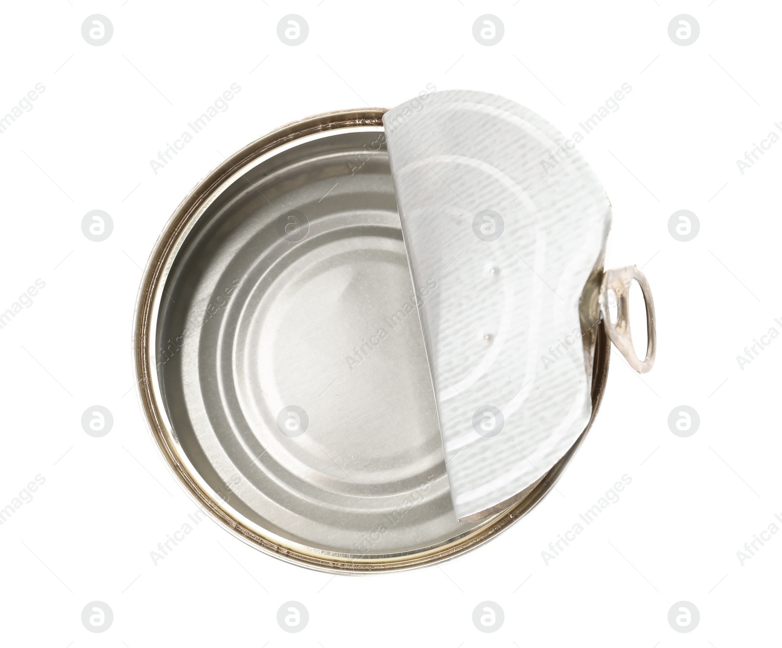 Photo of Empty aluminum can on white background, top view. Metal waste recycling