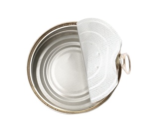 Photo of Empty aluminum can on white background, top view. Metal waste recycling