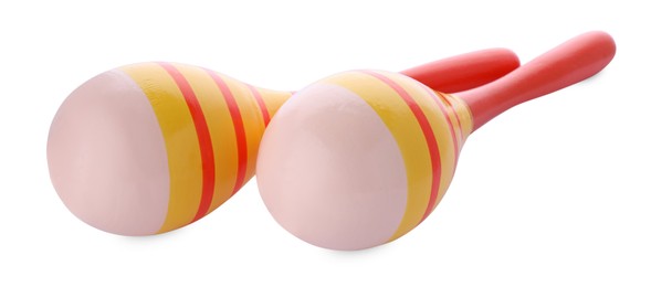 Photo of Colorful maracas on white background. Musical instrument