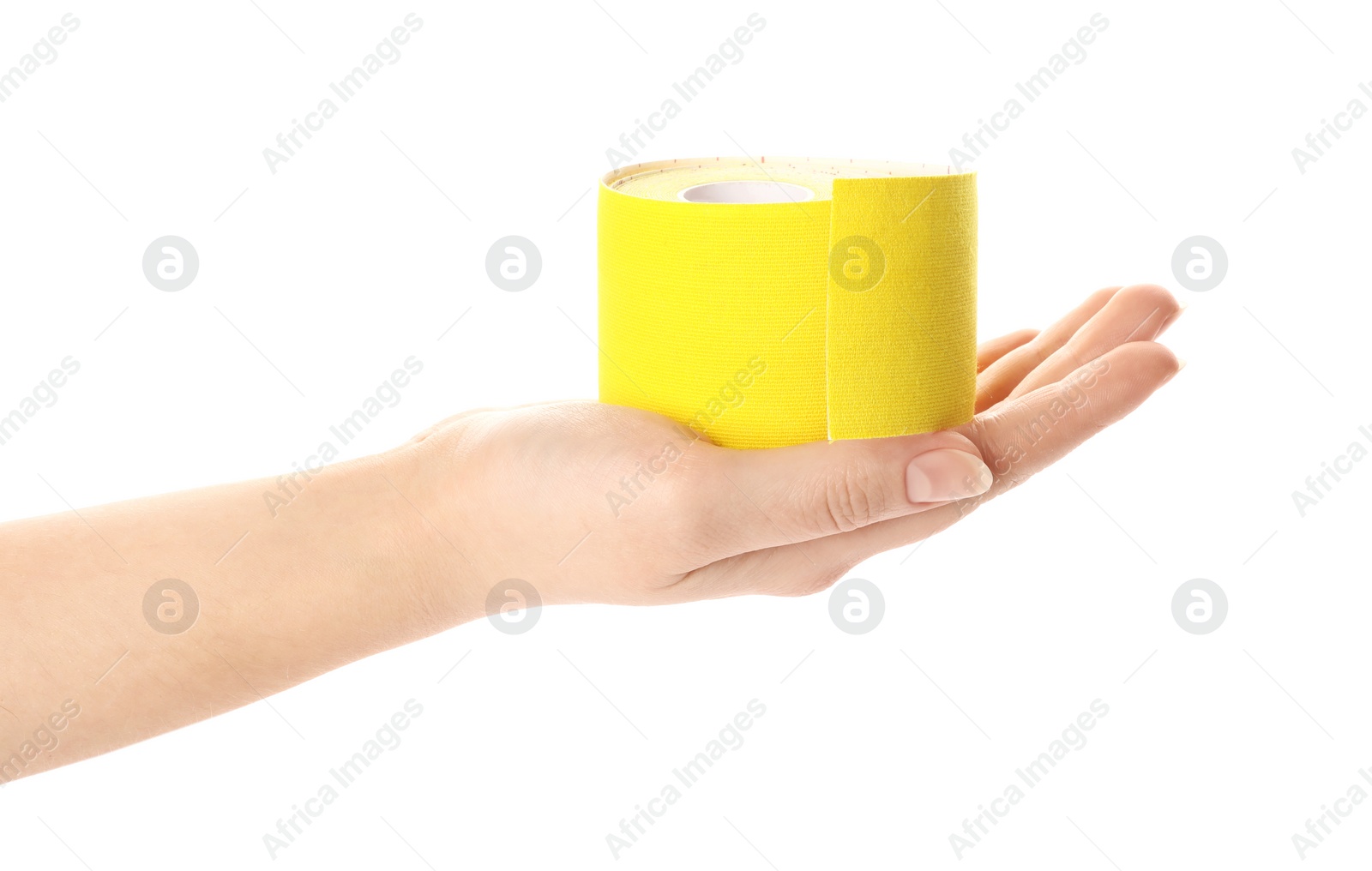 Photo of Woman with bright kinesio tape in roll on white background, closeup