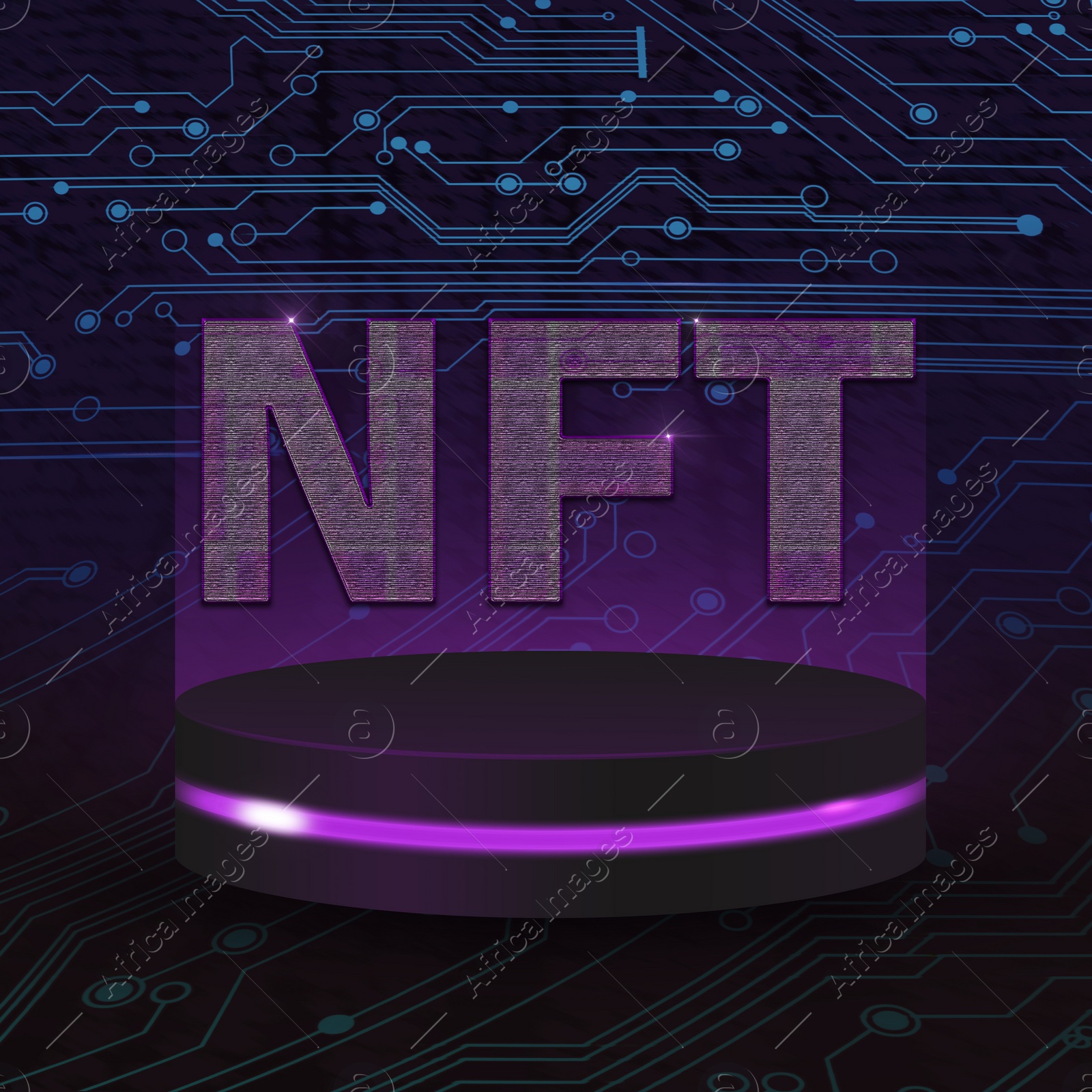 Image of Abbreviation NFT (non-fungible token) on chip and circuit board pattern illustration