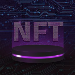 Abbreviation NFT (non-fungible token) on chip and circuit board pattern illustration