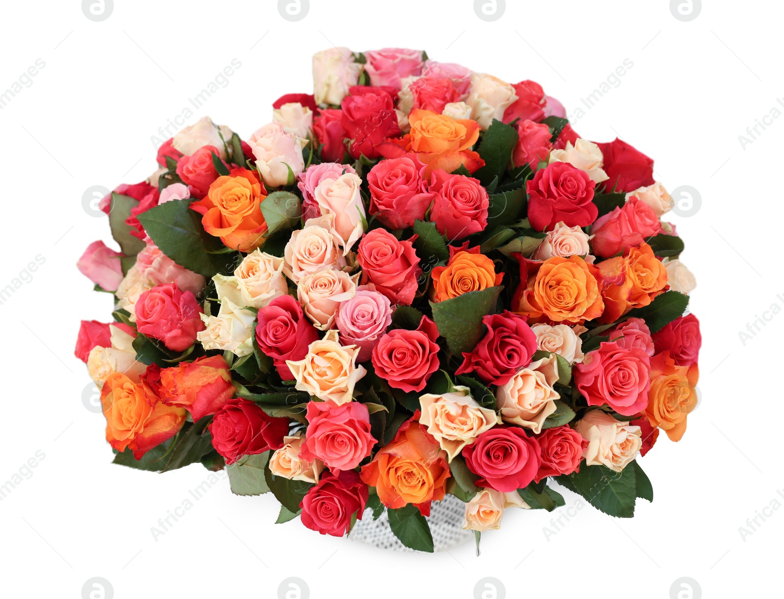 Photo of Bouquet of beautiful roses isolated on white, top view