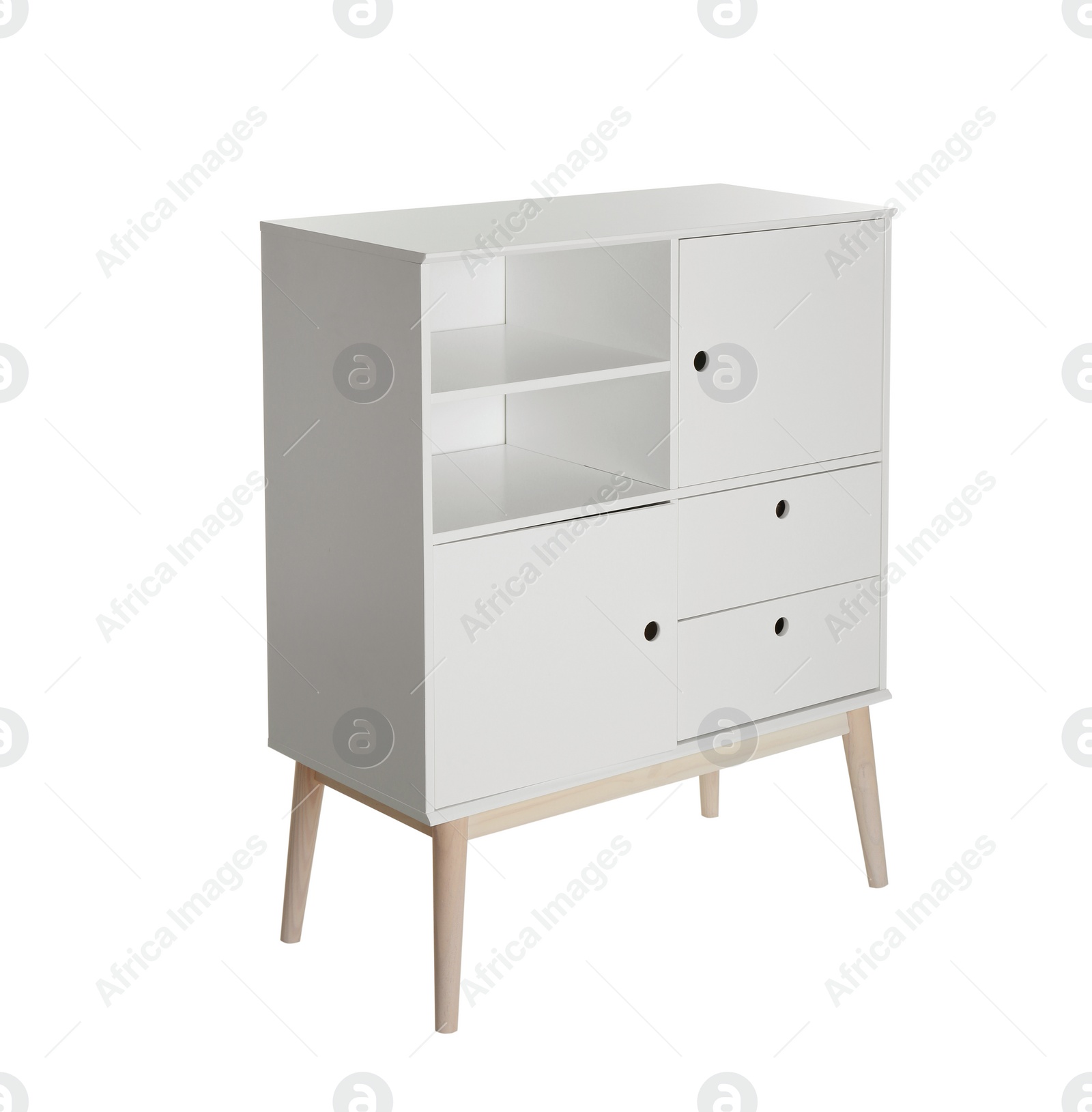 Photo of Stylish dresser with empty shelves on white background. Furniture for wardrobe room