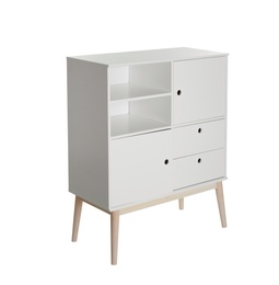 Photo of Stylish dresser with empty shelves on white background. Furniture for wardrobe room