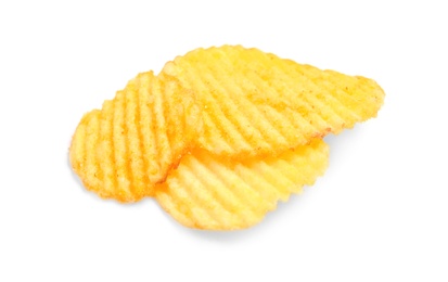 Photo of Tasty ridged potato chips on white background