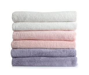 Stack of fresh towels isolated on white