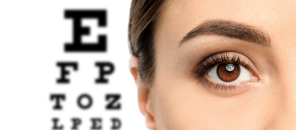 Image of Closeup view of woman and blurred eye chart on background, banner design. Visiting ophthalmologist 