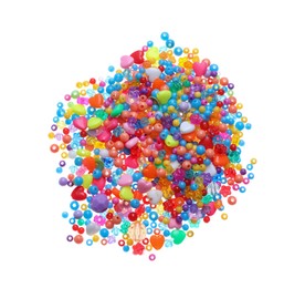 Photo of Pile of bright colorful beads on white background, top view