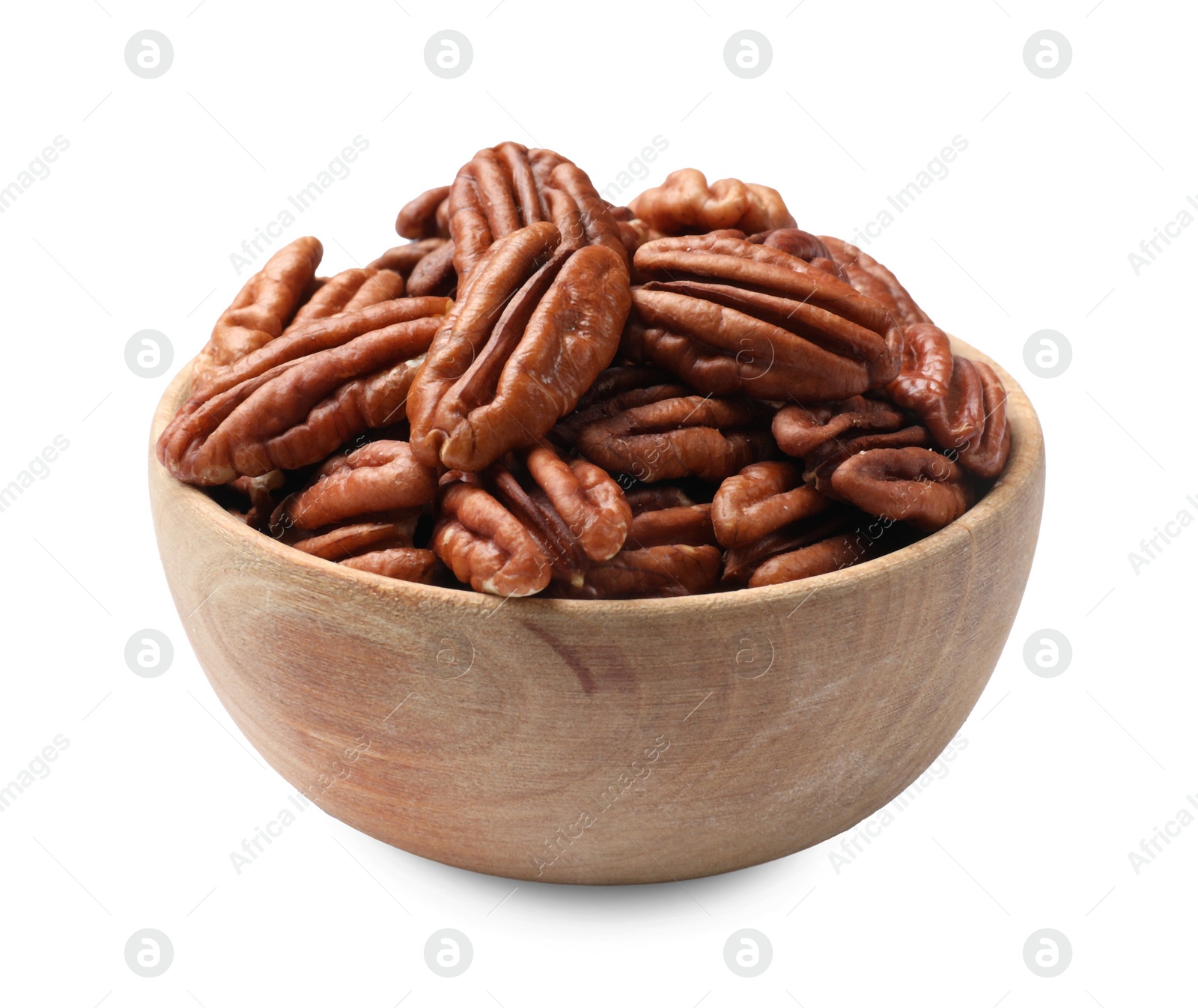 Photo of Tasty pecan nuts in bowl isolated on white