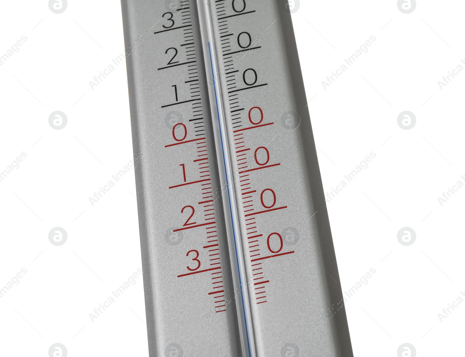 Photo of Modern grey weather thermometer on white background, closeup