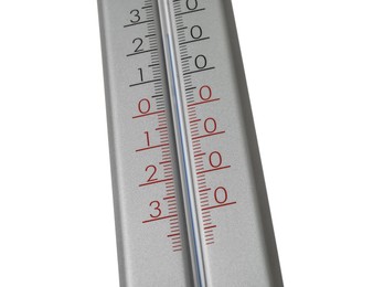 Photo of Modern grey weather thermometer on white background, closeup