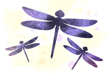 Illustration of Silhouettes of dragonflies drawn with watercolor paint on white background