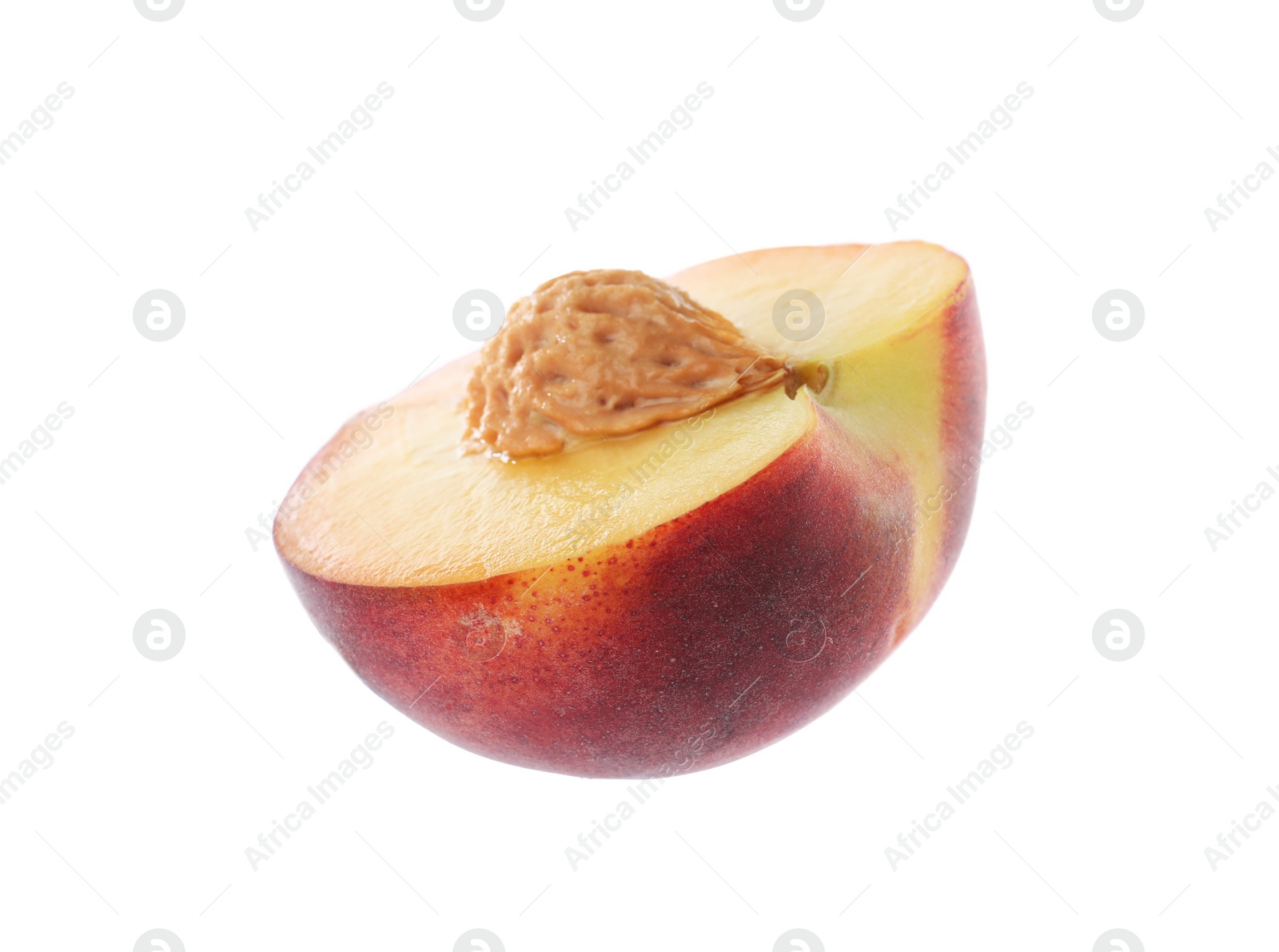 Photo of Half of sweet juicy peach on white background