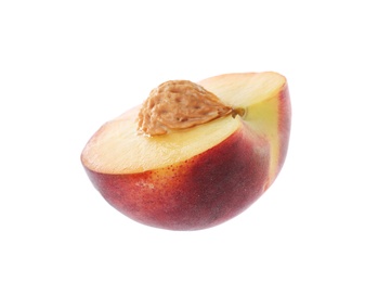 Photo of Half of sweet juicy peach on white background