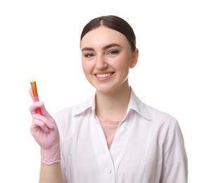 Photo of Cosmetologist with silicone cosmetic brush on white background