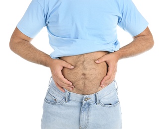 Overweight man on white background, closeup view