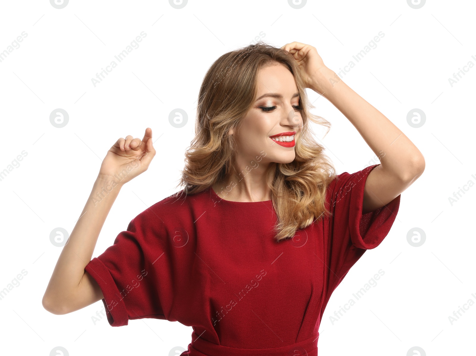 Photo of Happy young woman on white background. Christmas celebration