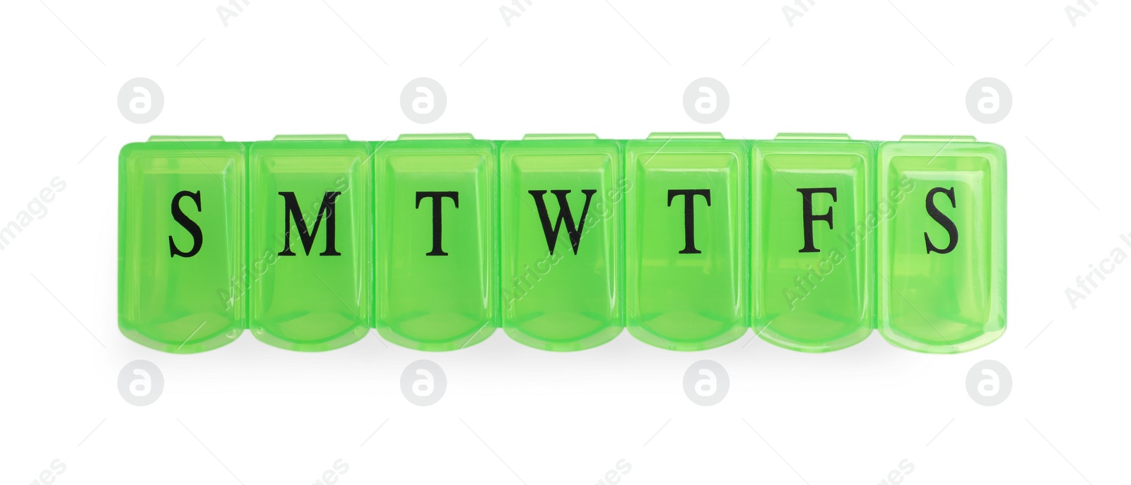 Photo of One empty pill organizer isolated on white, top view