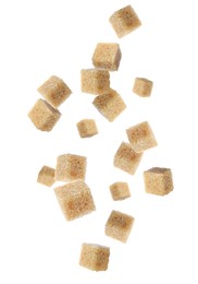 Image of Flying cubes of brown sugar on white background