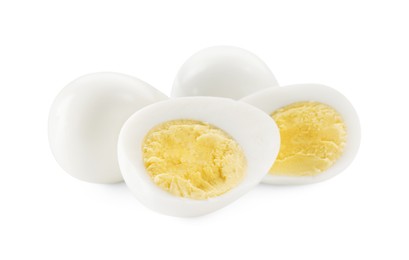 Photo of Peeled hard boiled quail eggs on white background