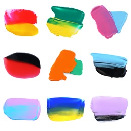 Image of Set with paint samples of different colors isolated on white, top view