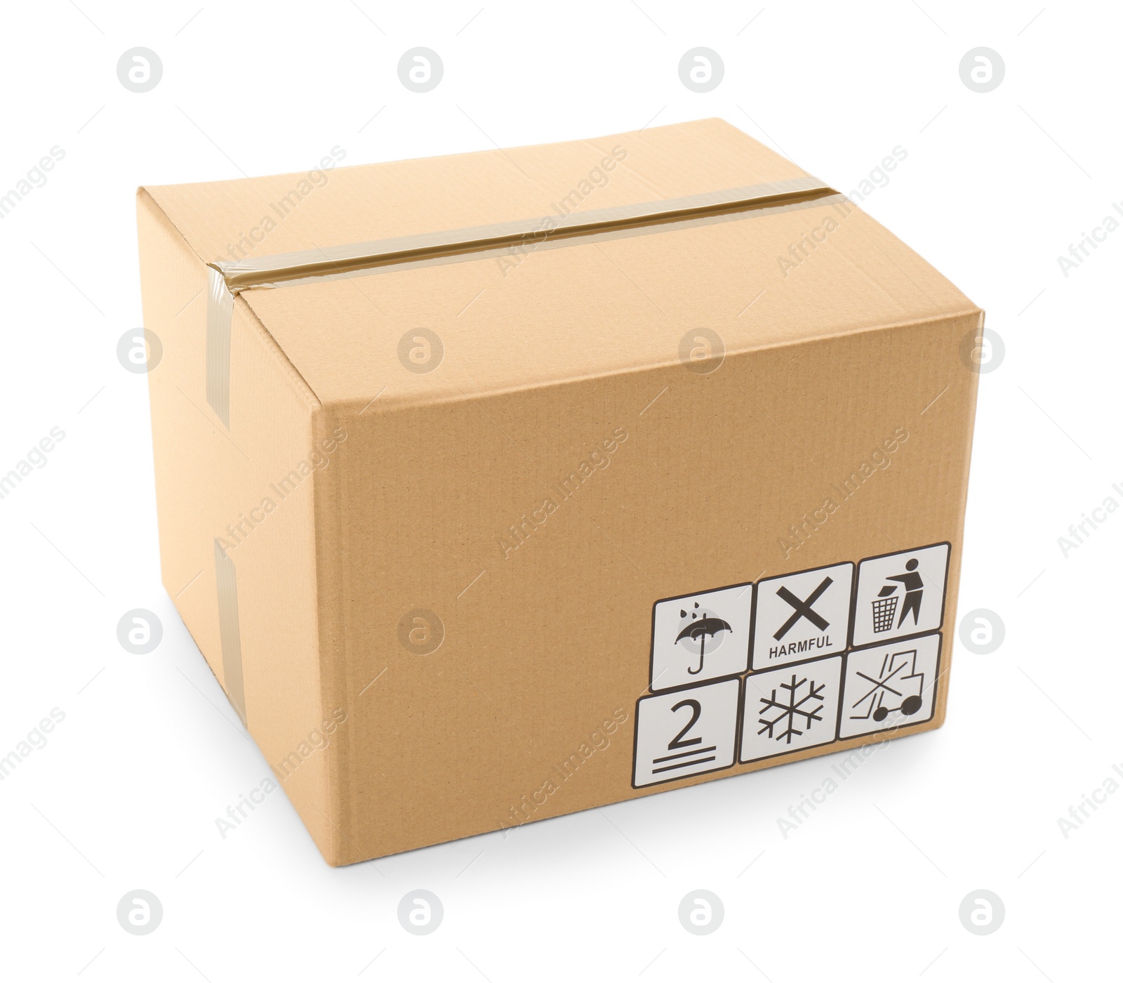 Photo of Cardboard box with different packaging symbols isolated on white. Parcel delivery