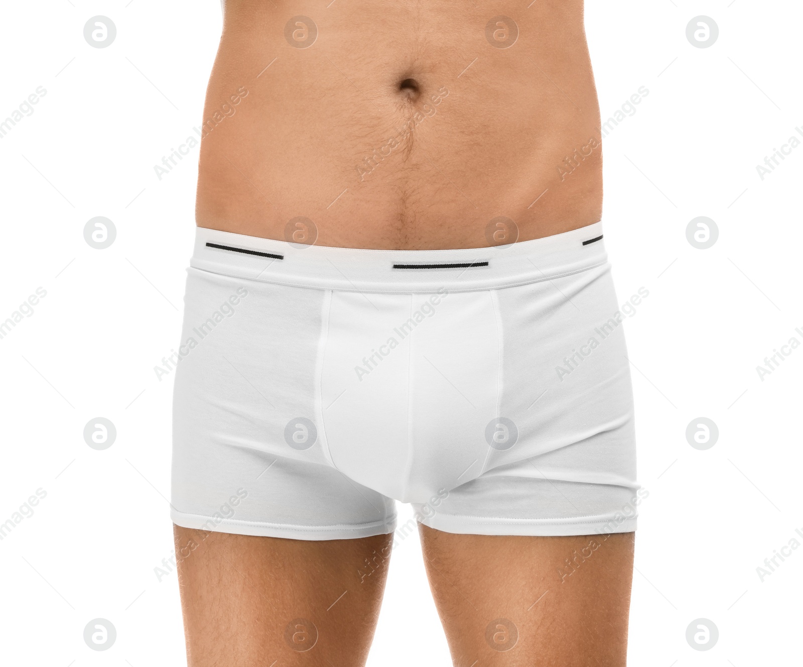 Photo of Man in underwear on white background, closeup