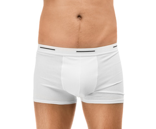 Man in underwear on white background, closeup