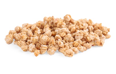 Image of Heap of tasty crispy granola on white background