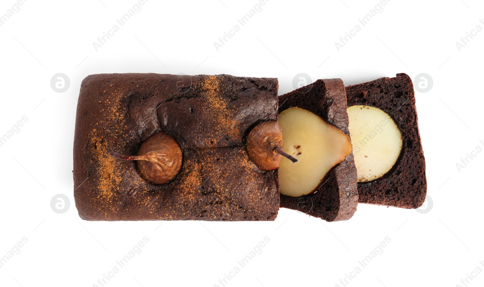 Photo of Tasty pear bread isolated on white, top view. Homemade cake