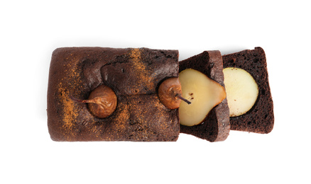 Photo of Tasty pear bread isolated on white, top view. Homemade cake