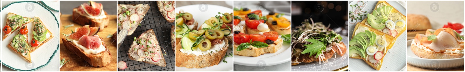 Image of Collage of different tasty bruschettas. Banner design 