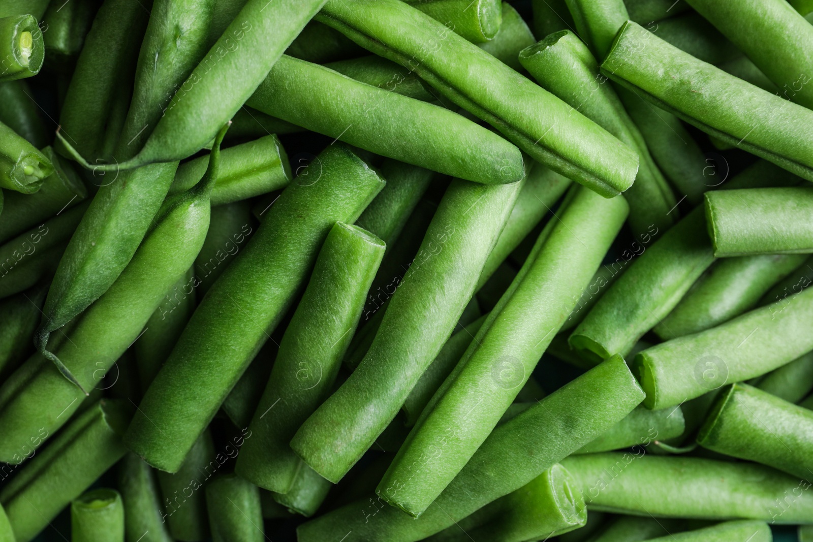 Photo of Fresh green beans as background, top view