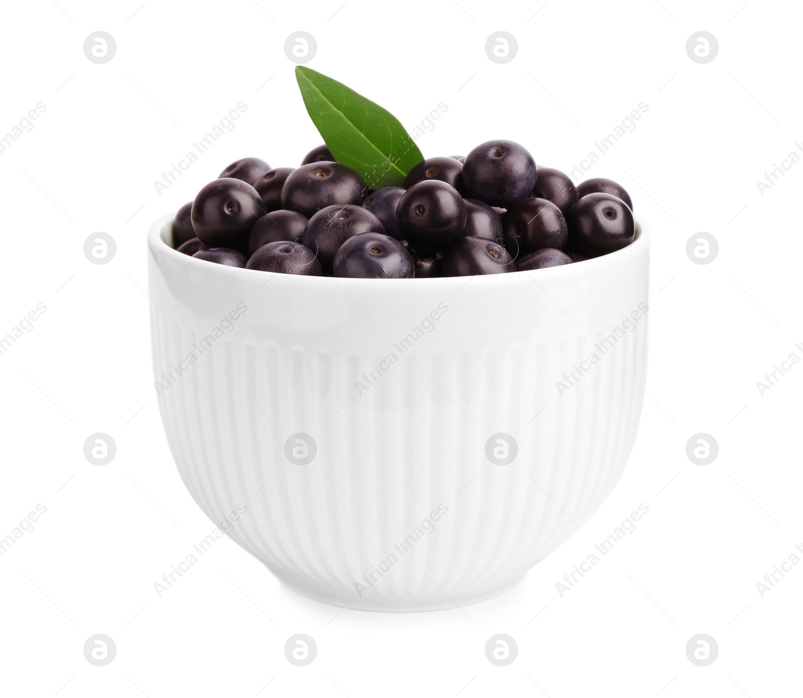 Photo of Ceramic bowl with fresh acai berries on white background