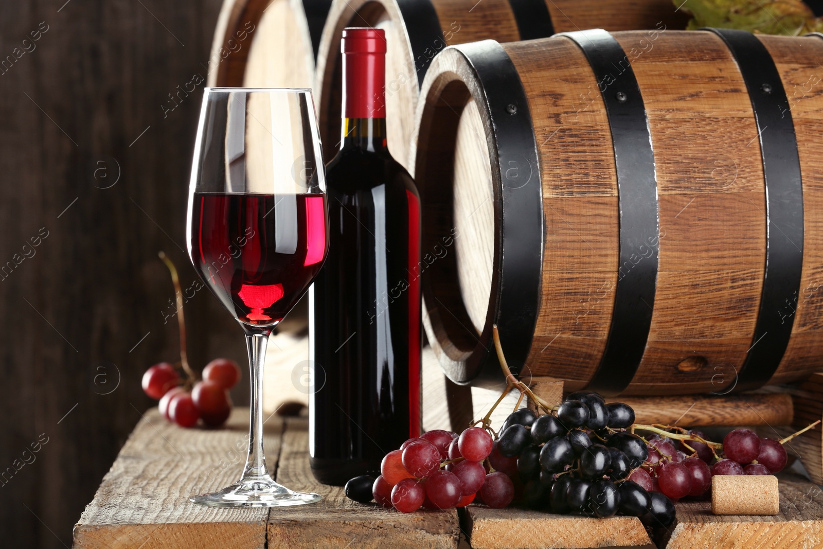 Photo of Winemaking. Composition with tasty wine and barrels on wooden table