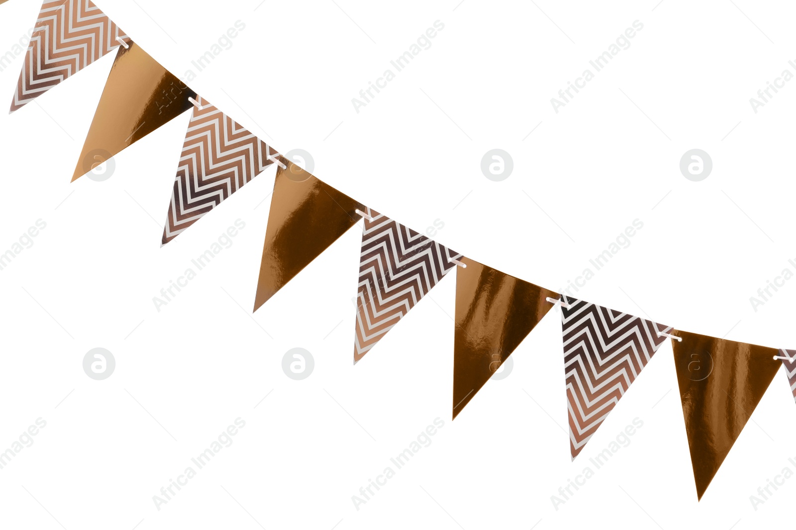 Photo of Triangular bunting flags on white background. Festive decor