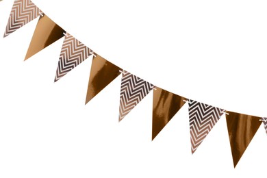 Photo of Triangular bunting flags on white background. Festive decor