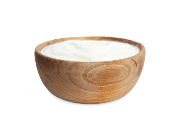 Photo of Tasty organic yogurt in wooden bowl isolated on white