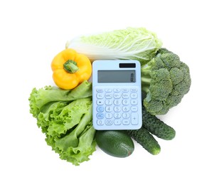 Photo of Calculator and food products on white background, top view. Weight loss concept