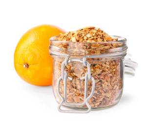 Photo of Jar of dried orange zest seasoning and fresh fruit isolated on white