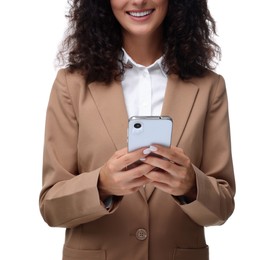 Woman sending message via smartphone isolated on white, closeup