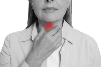 Endocrine system. Woman doing thyroid self examination on white background, closeup. Color accent effect