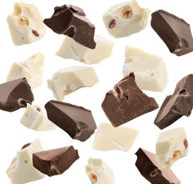 Image of Delicious chocolate chunks falling on white background