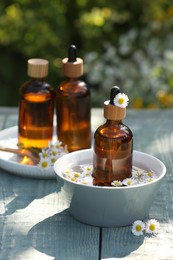 Bottles of chamomile essential oil and flowers on grey wooden table